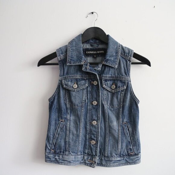 𝅺EXPRESS Jeans Denim Faded Wash Sleeveless Vest Button Down Size XS - Picture 1 of 5